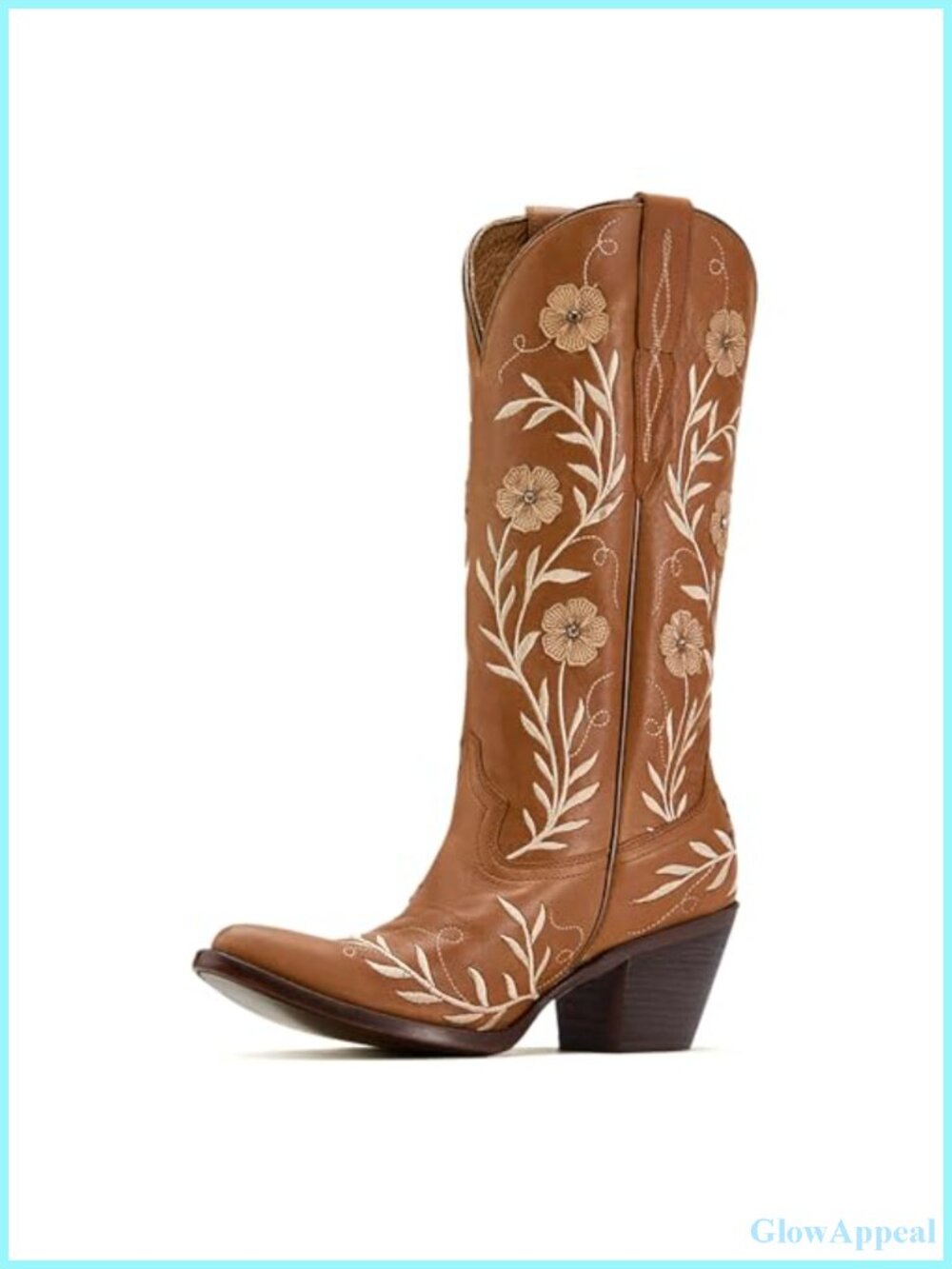 Wide Calf Western Knee High Boots Chunky Block Heel Pointed Toe Embroidered